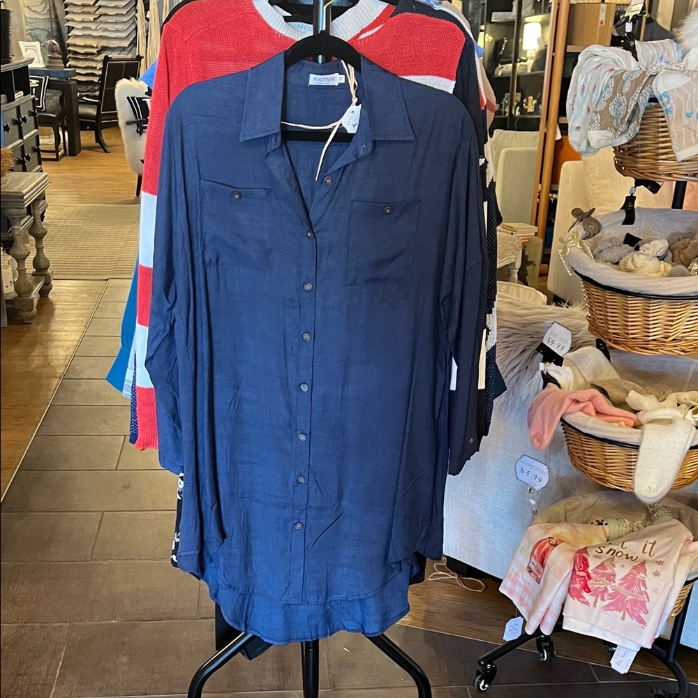 Navy Button-Front Long Shirt